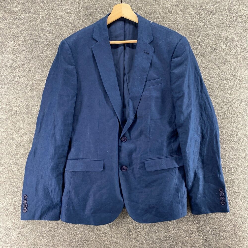 Asos Blazer Men 40 Blue Button Up Collared Long Sleeve Linen Lined Regular Fit
